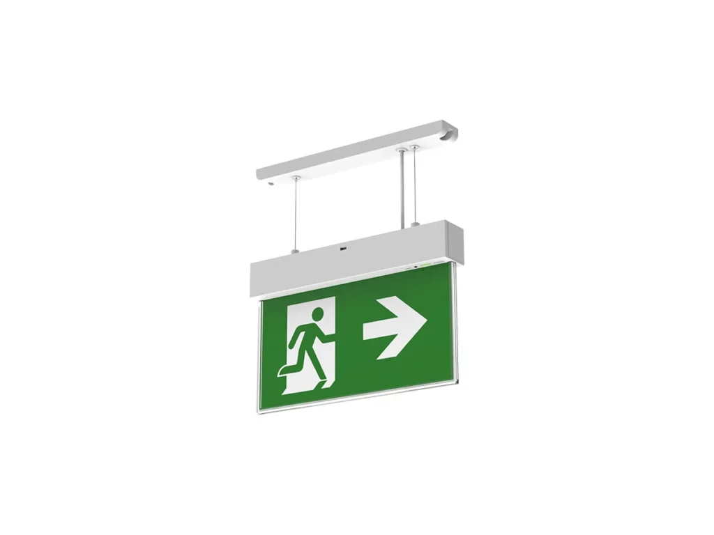 7-in-1 LED emergency exit light in suspended installation