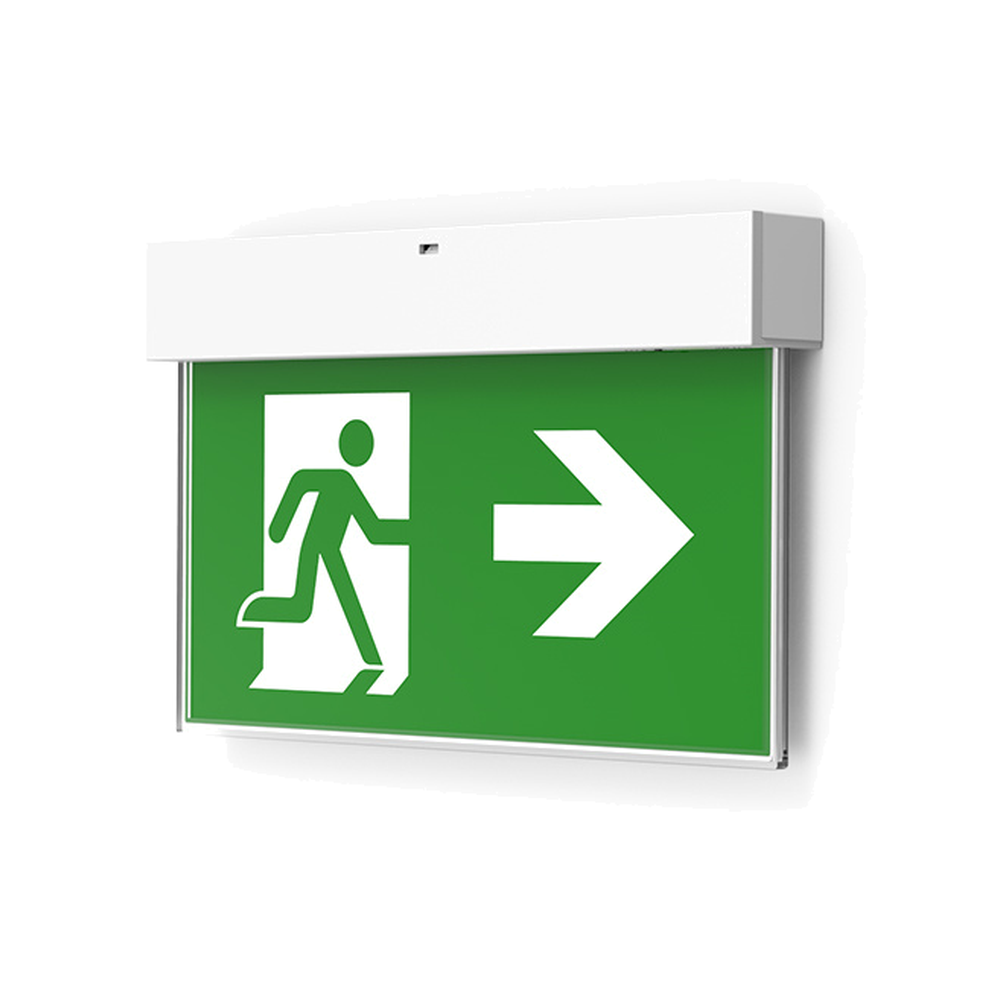 Wall-mounted LED emergency exit sign with right arrow pictogram