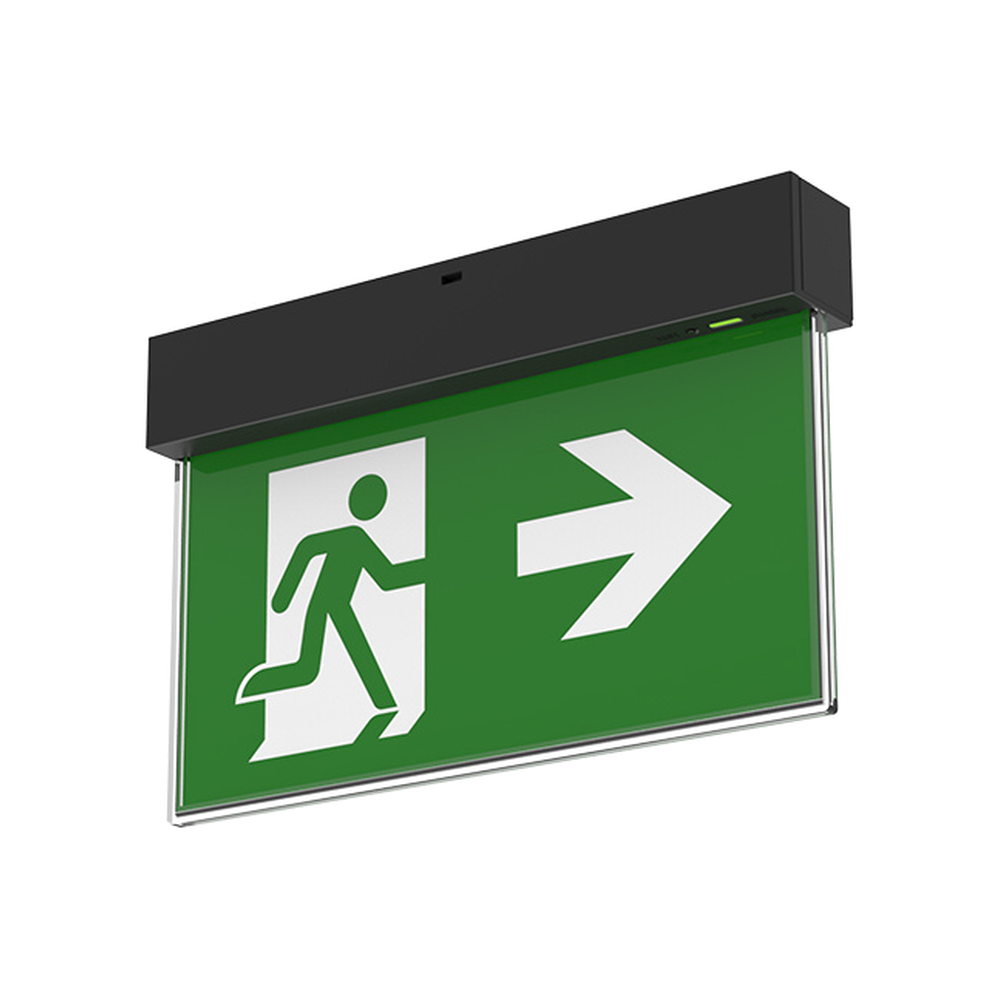 Black ceiling-mounted LED emergency exit sign