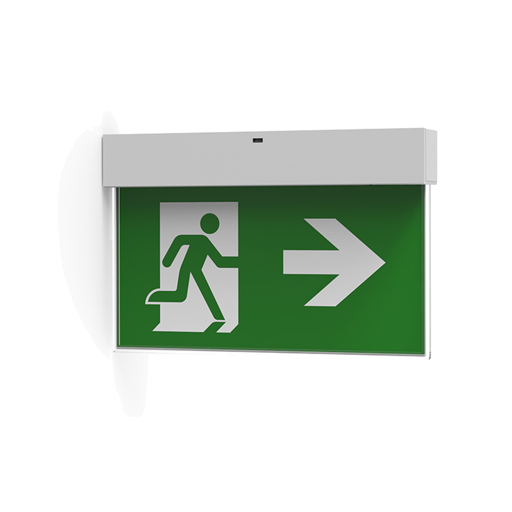 Flag-mounted LED emergency exit sign with right arrow pictogram