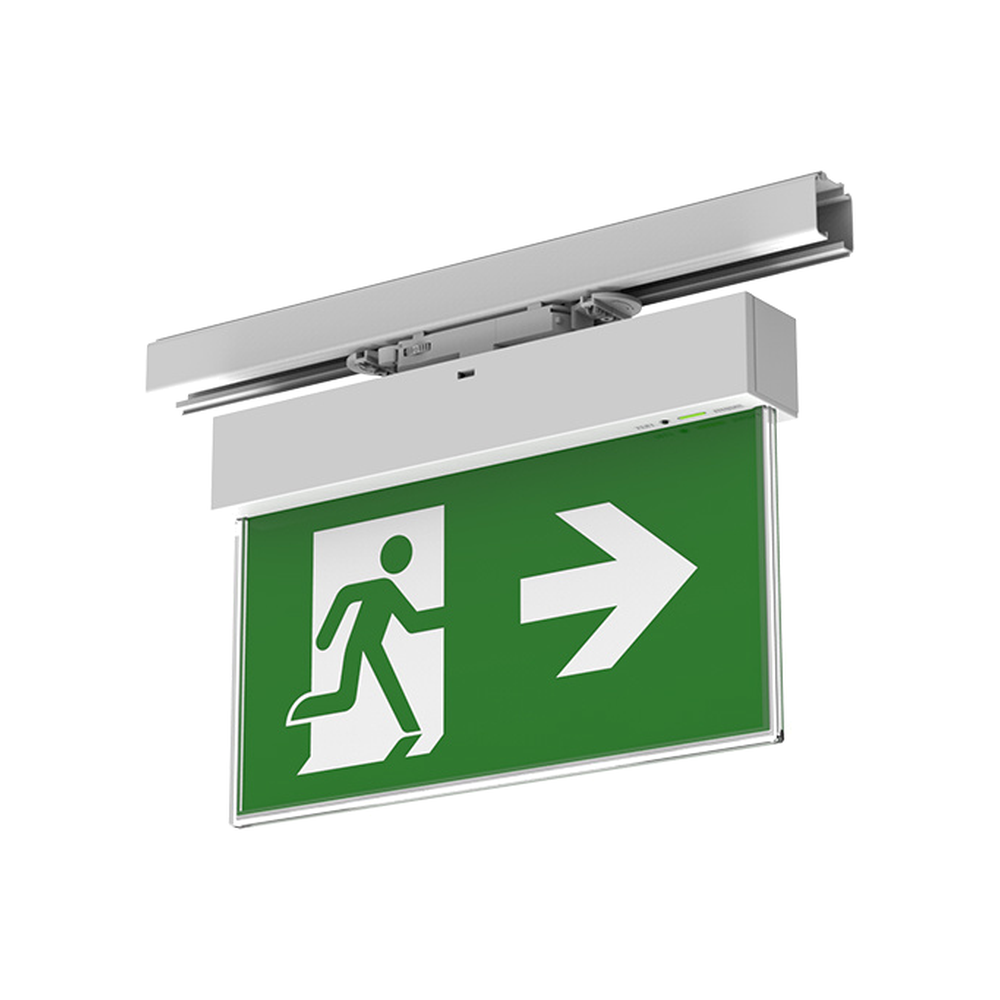 Track-mounted LED emergency exit sign installed on lighting track