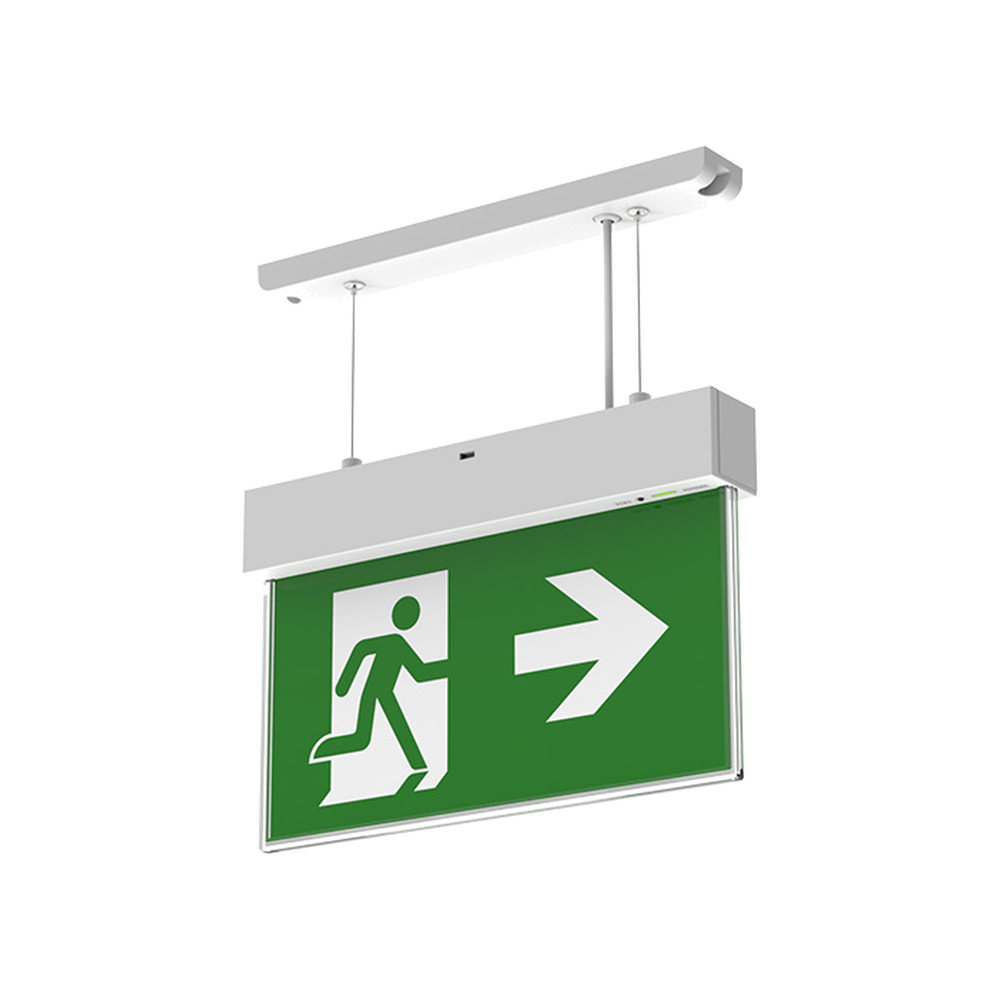 Suspended LED emergency exit sign with wire suspension kit