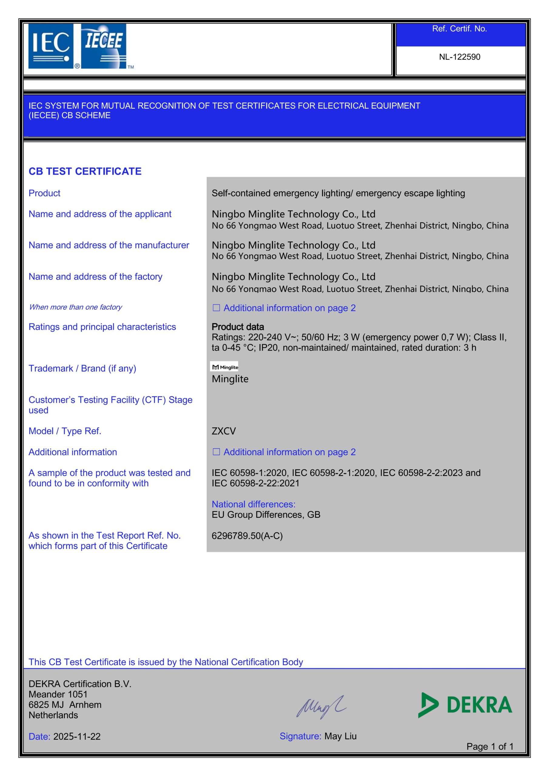 CB certificate of the emergency light-Minglite