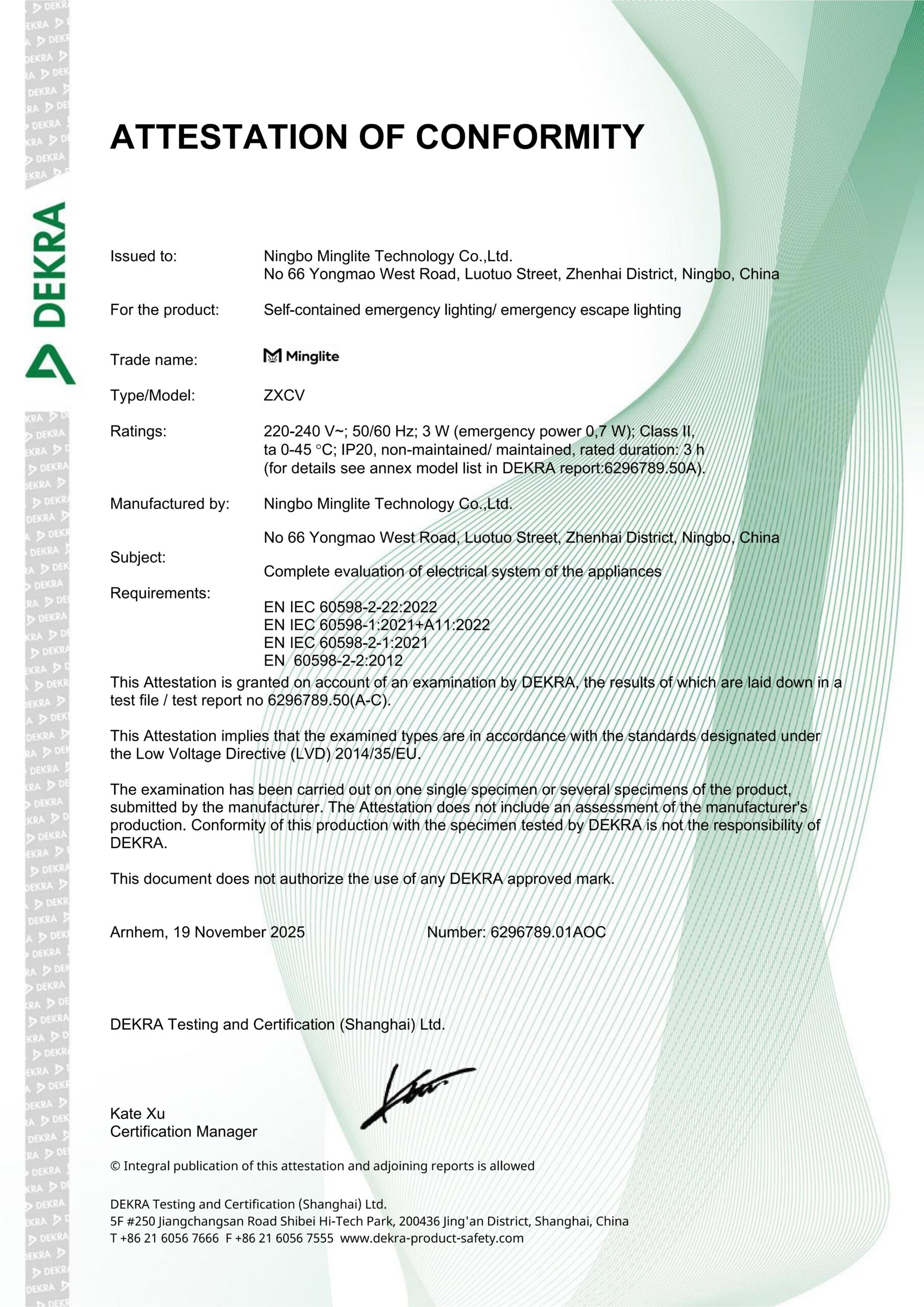 CE-LVD certificate of the emergency light-Minglite