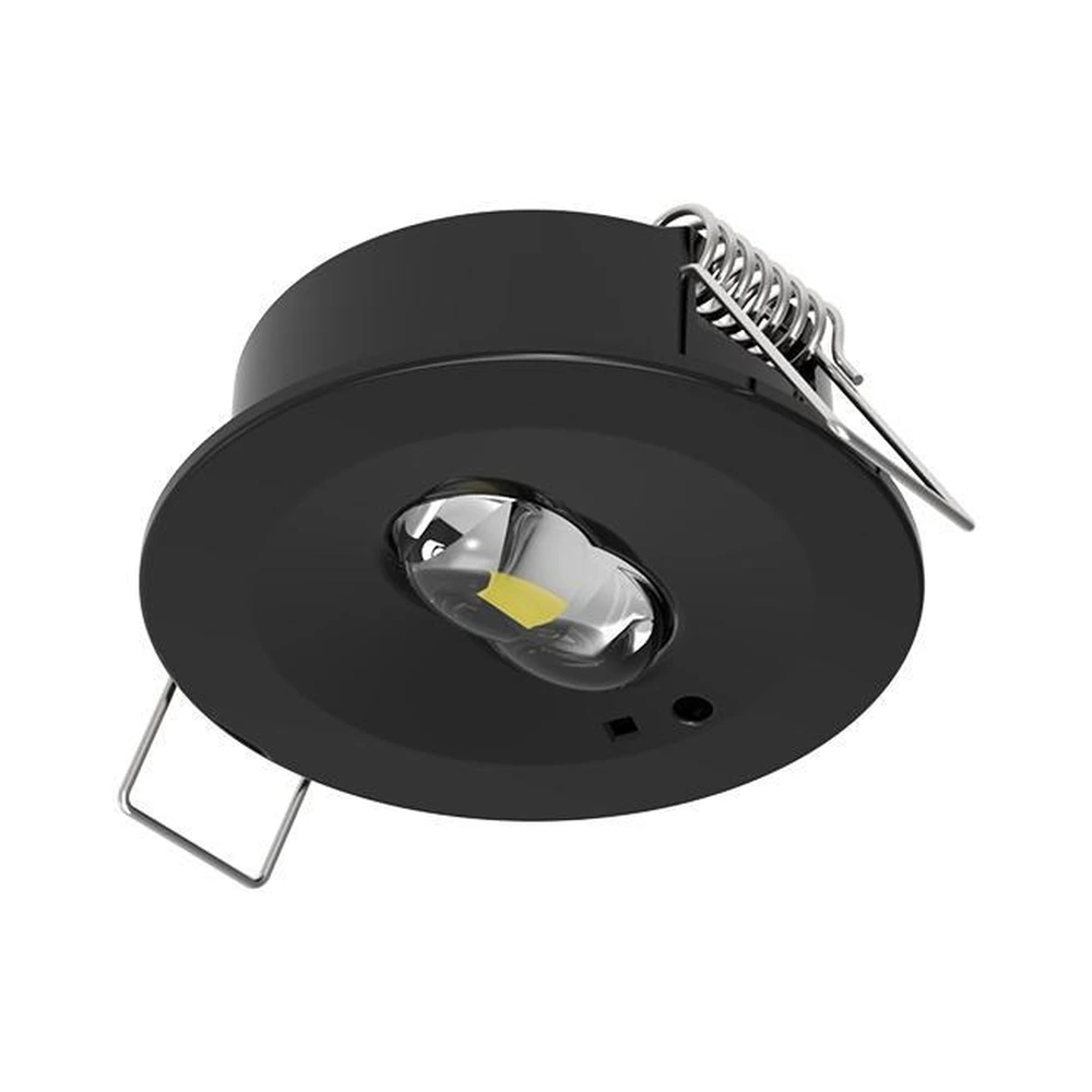 Black recessed emergency spotlight with remote emergency driver