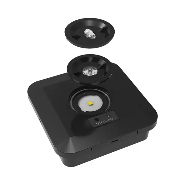 Square black IP65 LED emergency light housing exploded view
