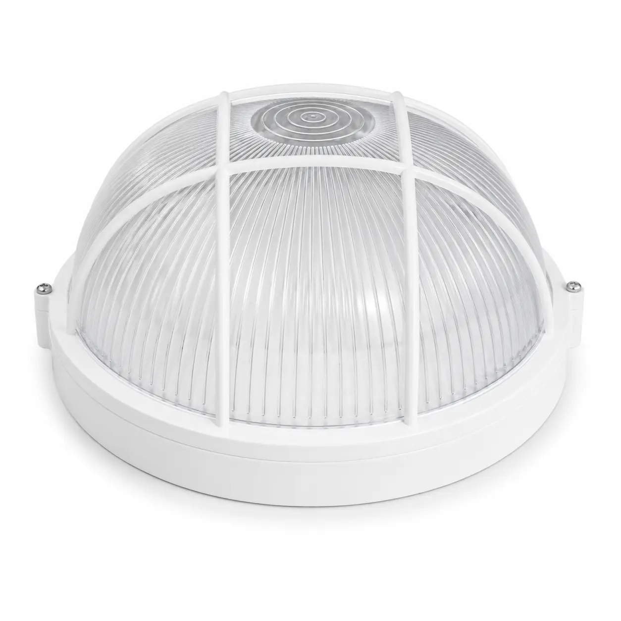 White round IP44 E27 bulkhead light fitting with protective grille