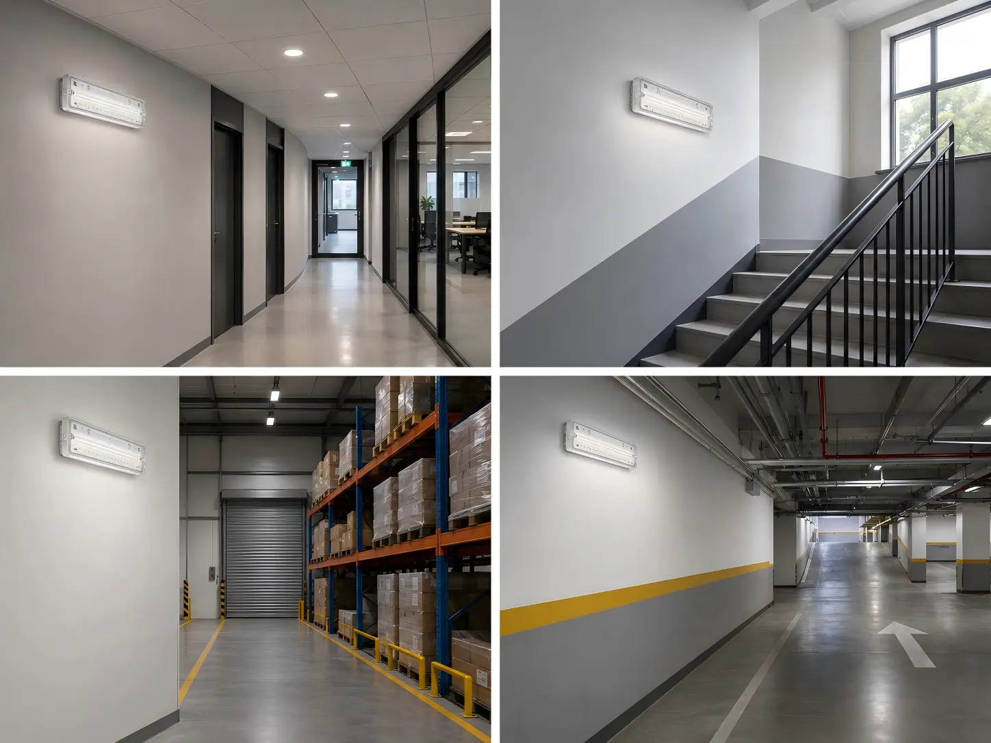 IP66 LED emergency bulkhead light installed on a commercial stairwell wall