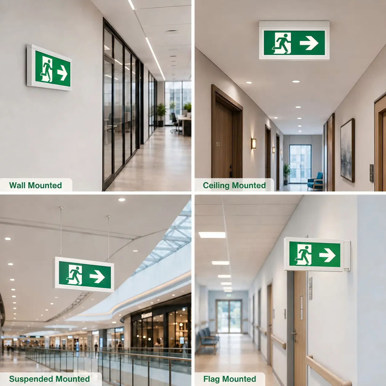 Wall-mounted LED emergency exit sign in an office corridor