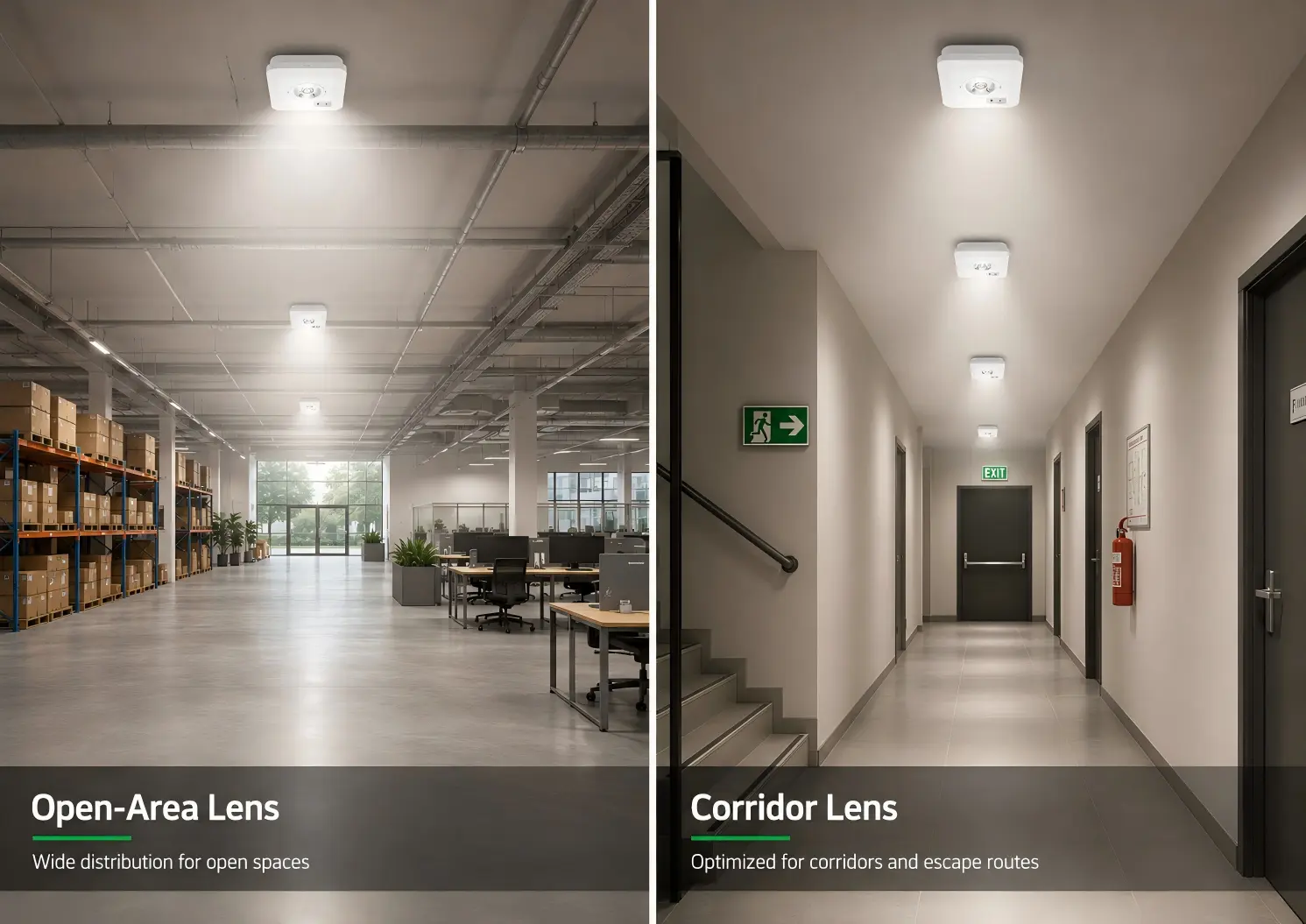 IP65 LED emergency light with open-area lens in a warehouse and corridor lens along an escape route