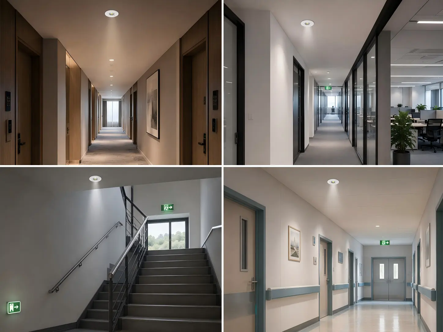 LED recessed emergency downlight installed in a hotel corridor